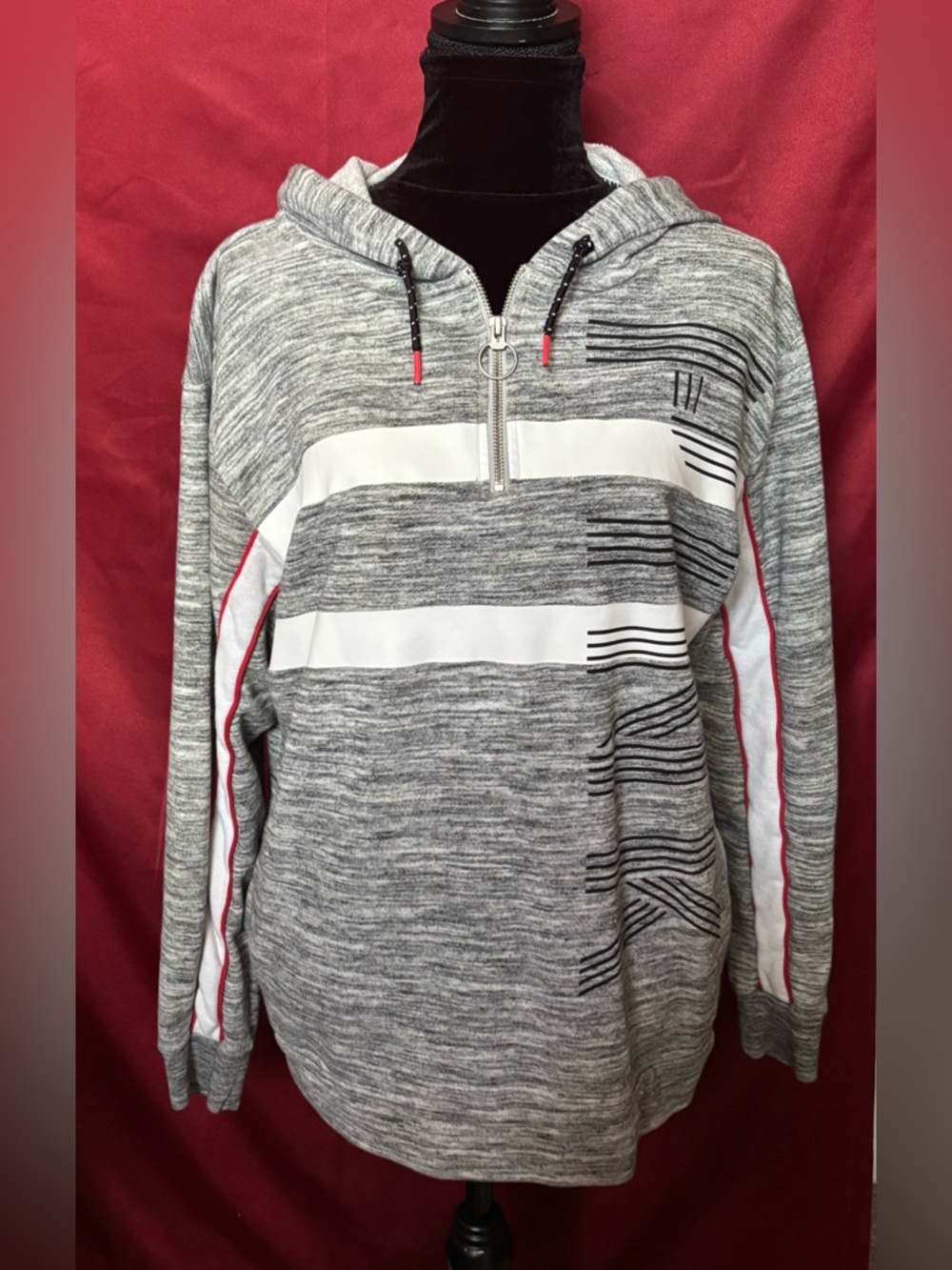 Victoria's Secret Gray Hooded Zip Sweater with White & Red Trim
